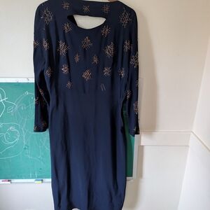 1940s Cutout Vintage Navy Dress with Gold Accents